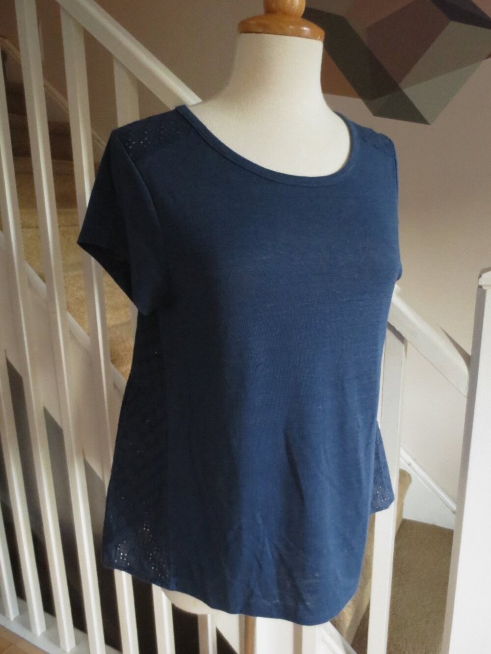 Blue Cotton Eyelet Ruffle Summer Top T-Shirt Tee Short-Sleeve Blouse